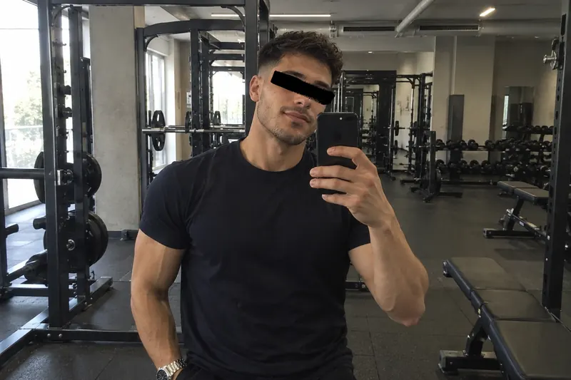 Man in a black shirt taking a mirror selfie at the gym